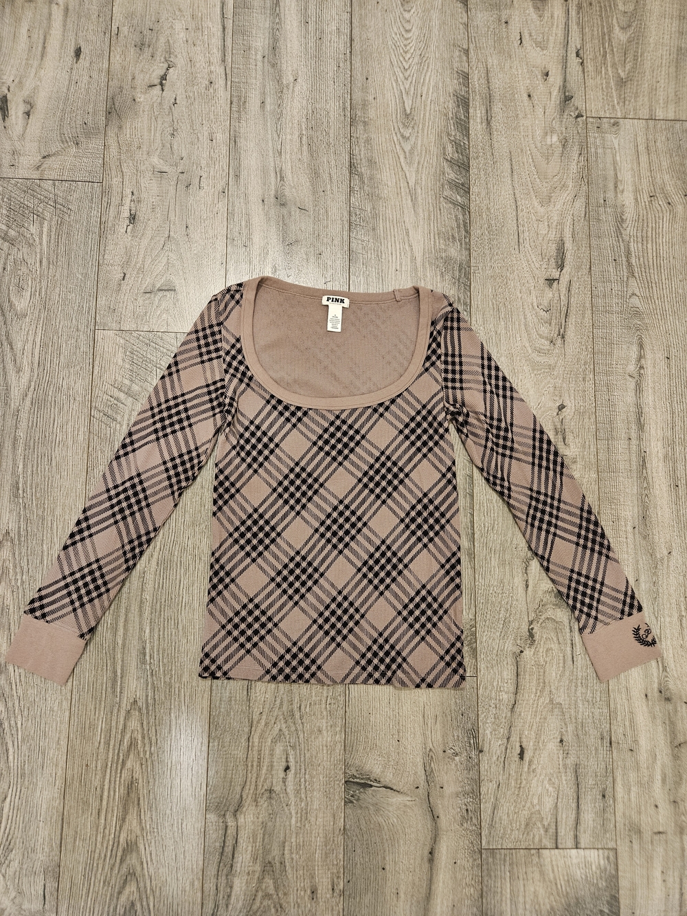 PINK Victoria's Secret Mauve Plaid Scoop Neck Y2K Style Long Sleeve Top